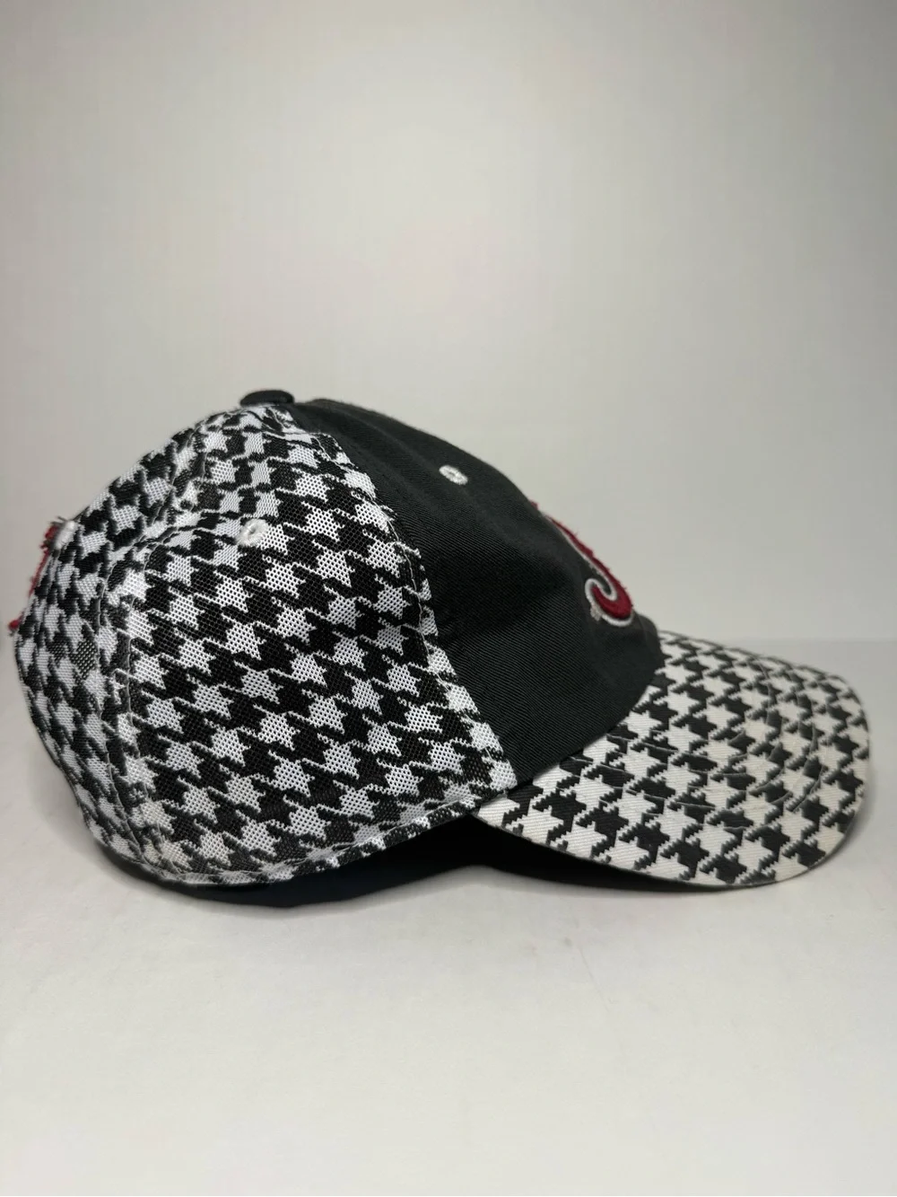 Black & White Houndstooth Baseball Cap with Crimson A Logo and Bama Alabama